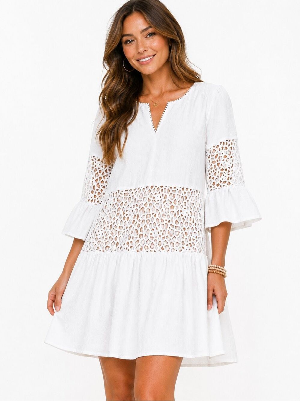 NWT Tyler Böe Izzy Eyelet Mini Dress Bell Sleeve Tunic Size Large New